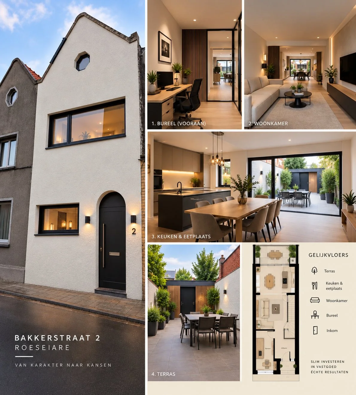 Visualisatie van Bakkersstraat 2 na renovatie: voorgevel, interieur, terras en grondplan